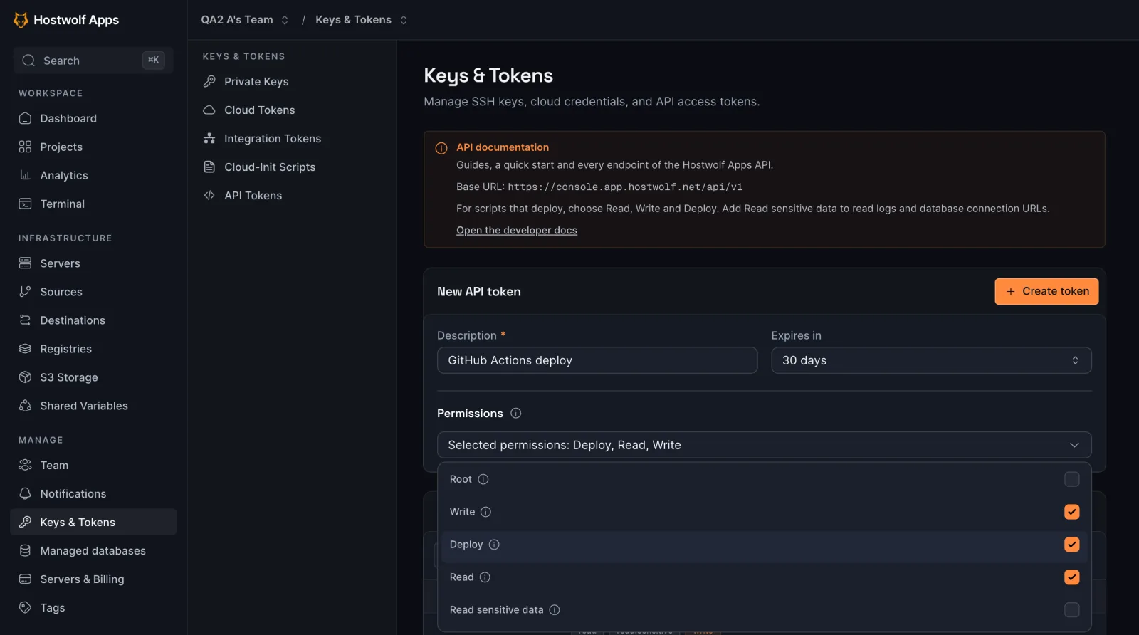 The API tokens page in the Hostwolf Apps console, with the Write, Deploy and Read permissions ticked
