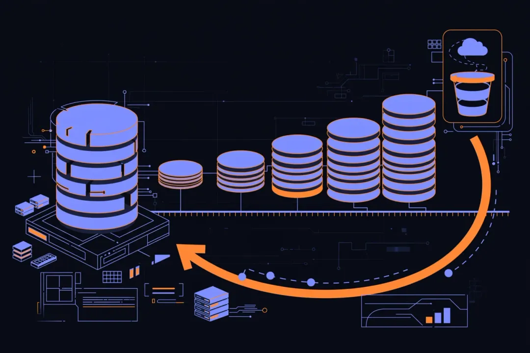 Illustration of database snapshots on a timeline, an off-site storage bucket and a restore arrow back to the database