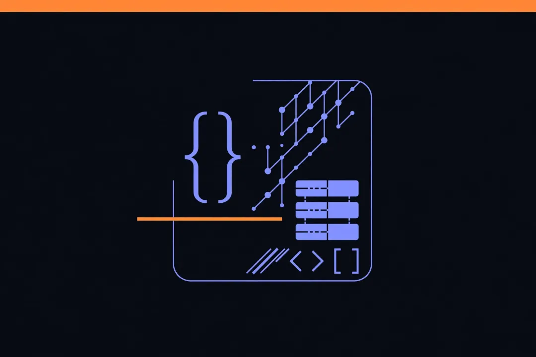 Abstract dark-mode illustration with a rounded terminal-style panel outlined in periwinkle, containing curly brace…