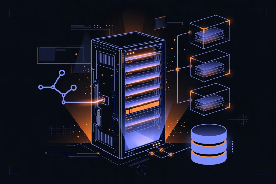 Illustration of a dedicated server connected to app containers, a database and a Git repository