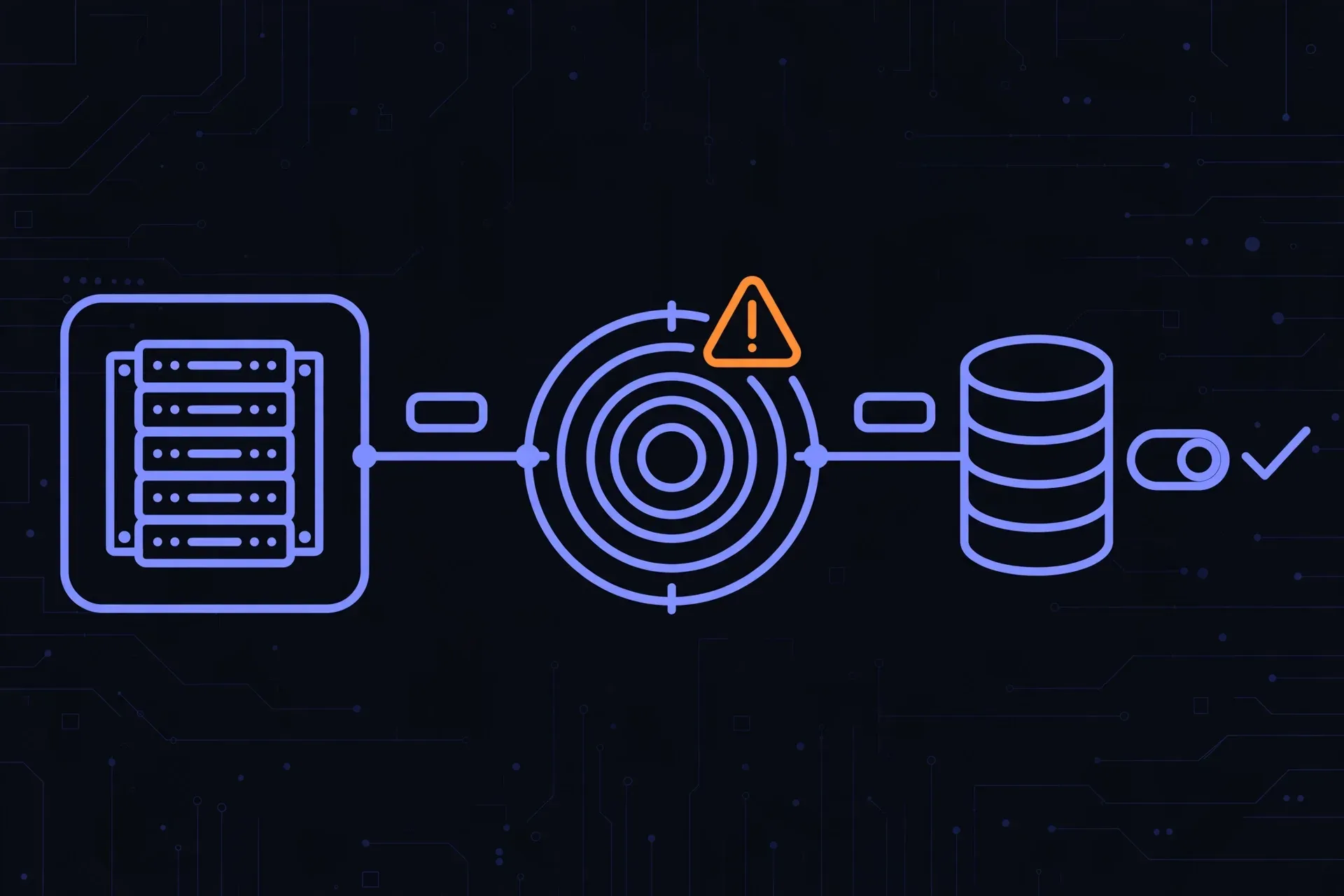 Diagramme de flux horizontal abstrait sur un fond de lignes de circuit sombres : une icône de rack de serveurs bleu pervenche se connecte via une ligne…